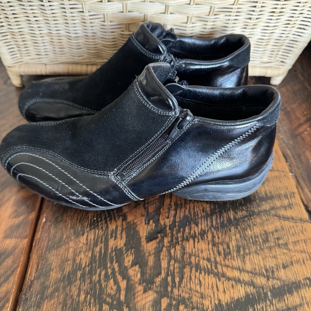 RIEKER Women's Black Leather/Suede Double Zip Front Slip-On Booties, Size 37
